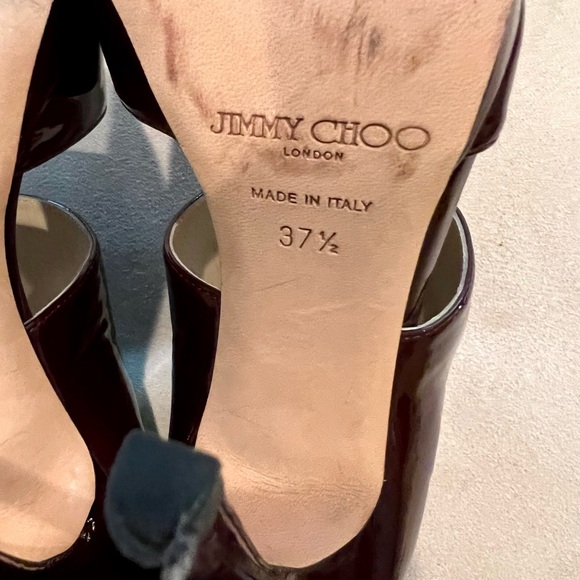 Jimmy Choo size 7.5 burgundy, shiny patent peep toe platforms with back zip. - Picture 9 of 9